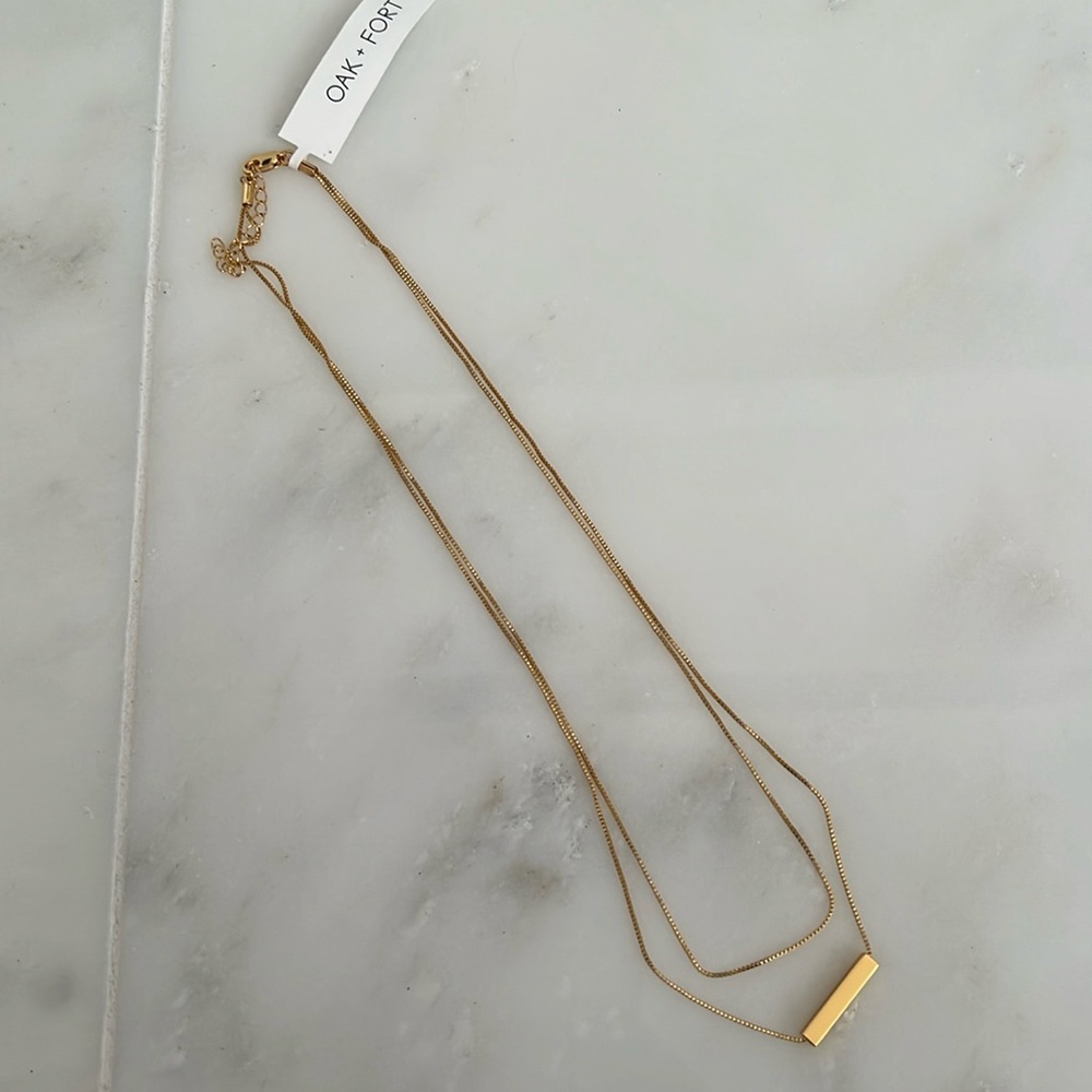 Oak + Fort double-stranded gold tone necklace with gold bar, 9 in length, NWT